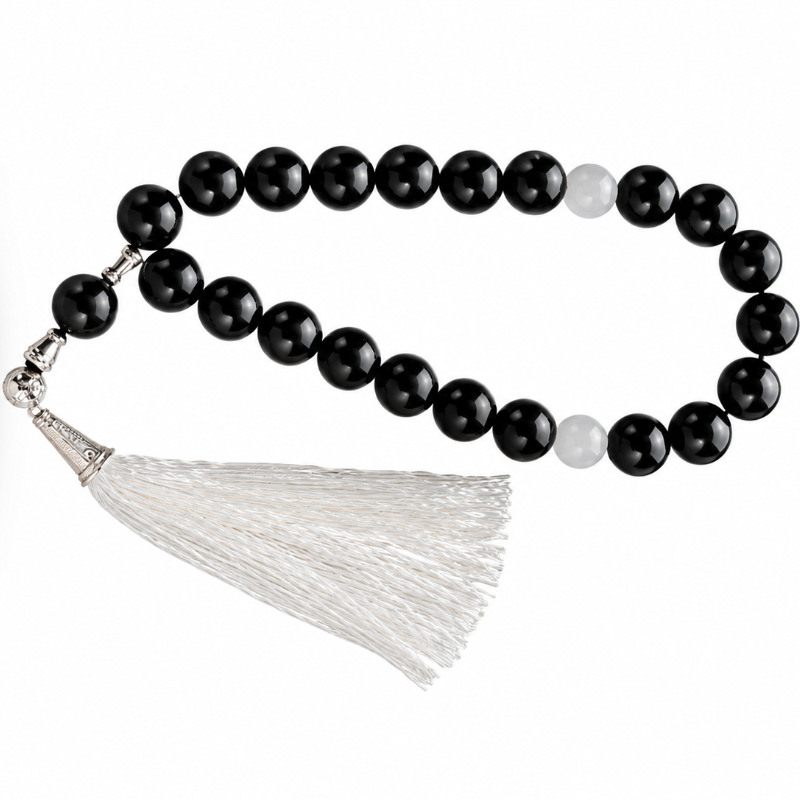 Natural Black Agate Tasbeeh with Two Moonstone Beads-Yasirgemstones