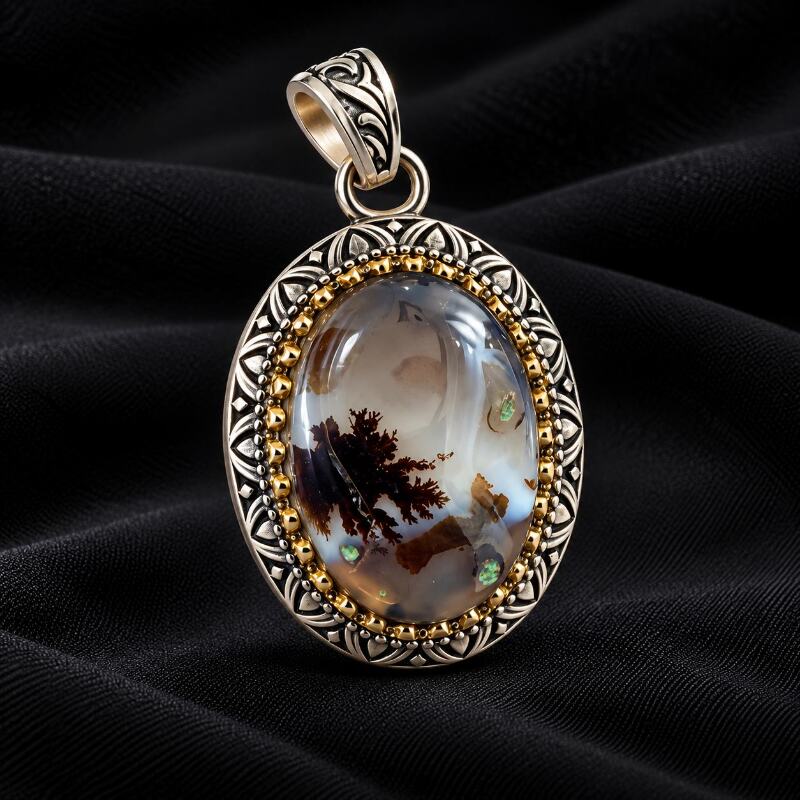 Natural Dendritic Agate Pendant Floral Antique Inspired Silver Jewelry