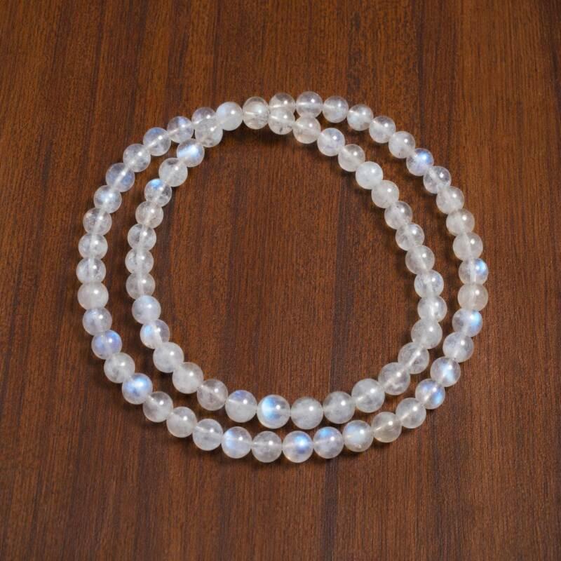 Natural Rainbow Moonstone Mala Necklace– Blue Sheen Beads