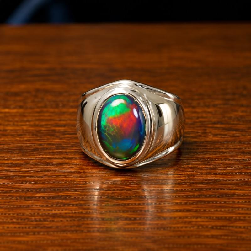 Natural Black Opal Handmade Silver Ring for Men