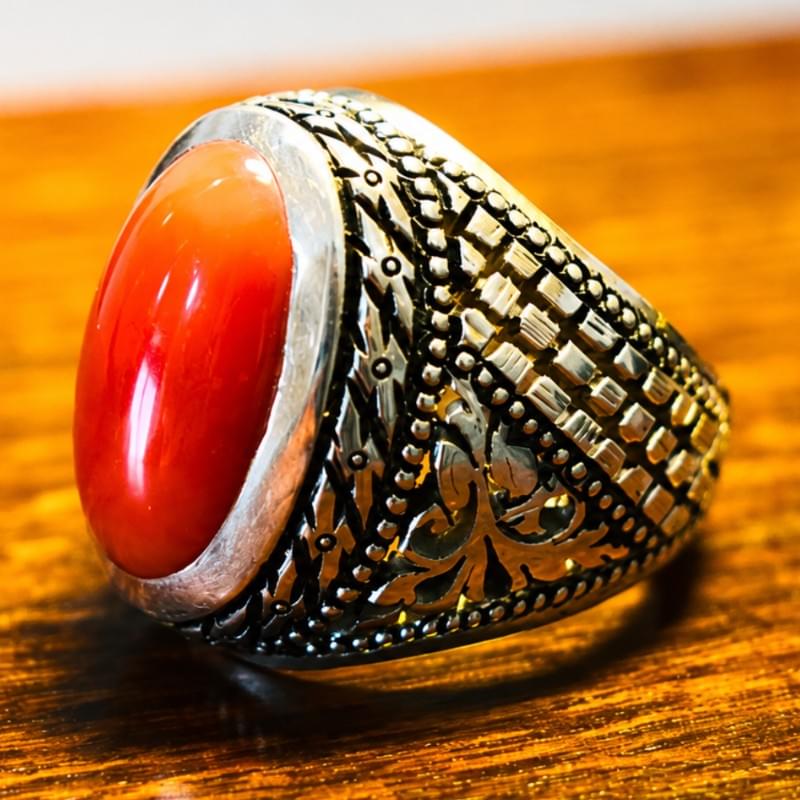 Natural Red Coral Marjan Ring 925 Silver Ring