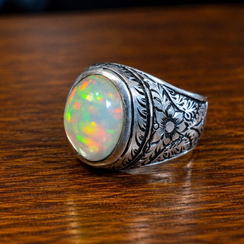 Natural White Opal Handmade Silver Ring for Men